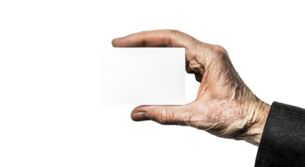 Png of An elderly man's hand holds a blank business card against a dark background, conveying professionalism and opportunity.