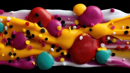Obraz premium Colorful Abstract Candy Splash with Bright Gel, Spheres, and Sugar Sprinkles on Black Background