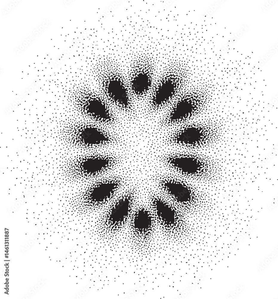 Poster a central circle is surrounded by radiating dots of varying density.