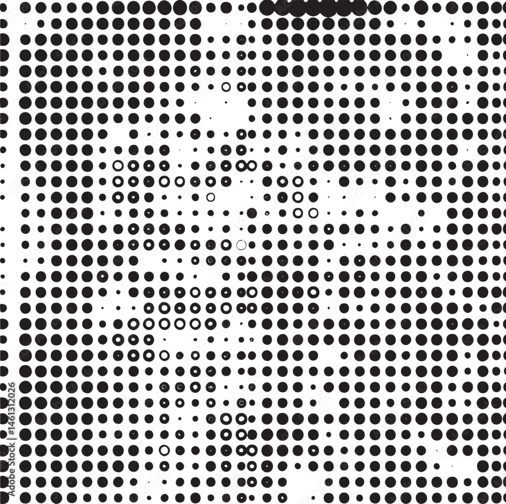 Poster a dense arrangement of black and white circles forms a subtle abstract shape.