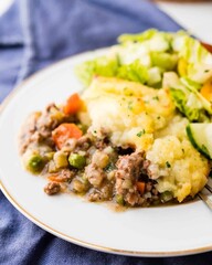 Homemade shepherd’s pie with mashed potatoes and minced meat, served in a cozy rustic kitchen setting. Comforting classic British dish perfect for cozy meals and homestyle food photography.

