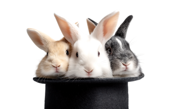A white rabbit peeking out of the top hat, two rabbits in black and one on its head, isolated against a transparent background.