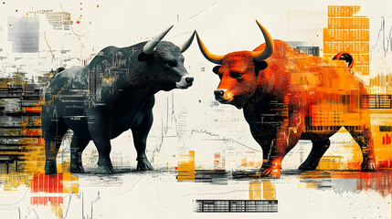 Confronting bull figures in a financial backdrop.