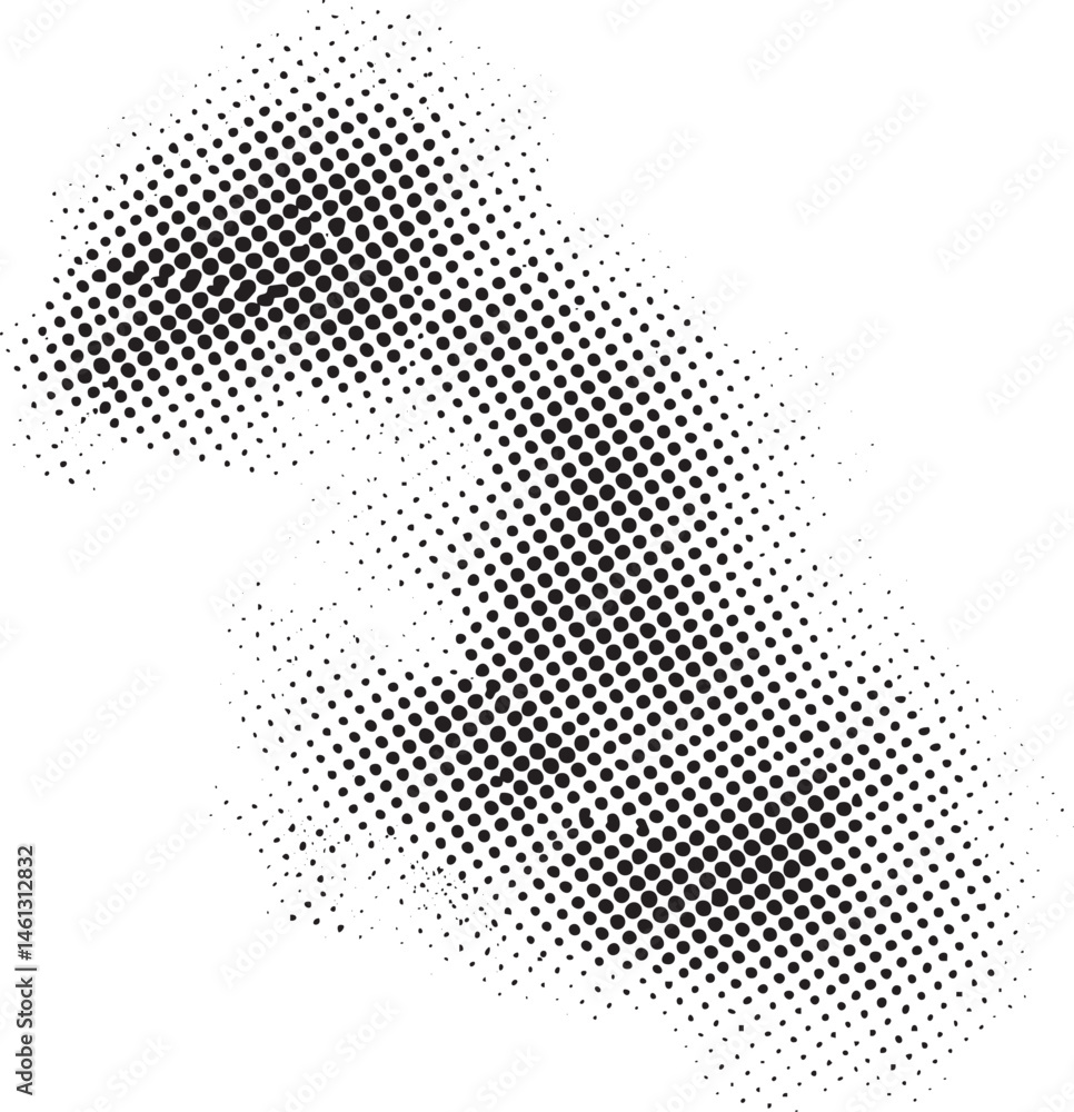 Poster a dynamic abstract shape composed of numerous small black dots against a white background.