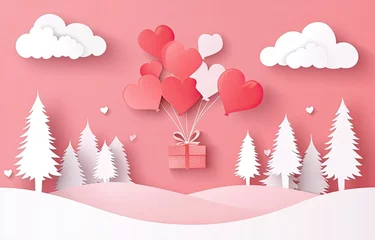 Gordijnen Heart-shaped balloons carrying a gift box in a winter landscape © Eleven room