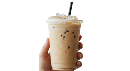 Png of A refreshing iced coffee held in a hand, featuring ice cubes and a dark, creamy blend, perfect for a warm day.