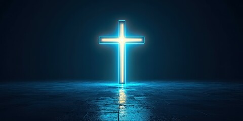 Illuminated cross casting a serene glow in a dark, reflective space