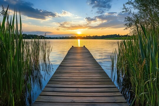 Tranquil sunset over a serene lake with a wooden pier extending into the water