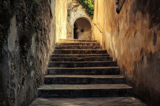 Old stone stairway in a sunlit alleyway.  Sunlight streams down the steps