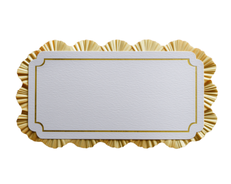 A gold and white ticket with a gold border. Rectangular white paper frame with gold border. Isolated on transparent background
