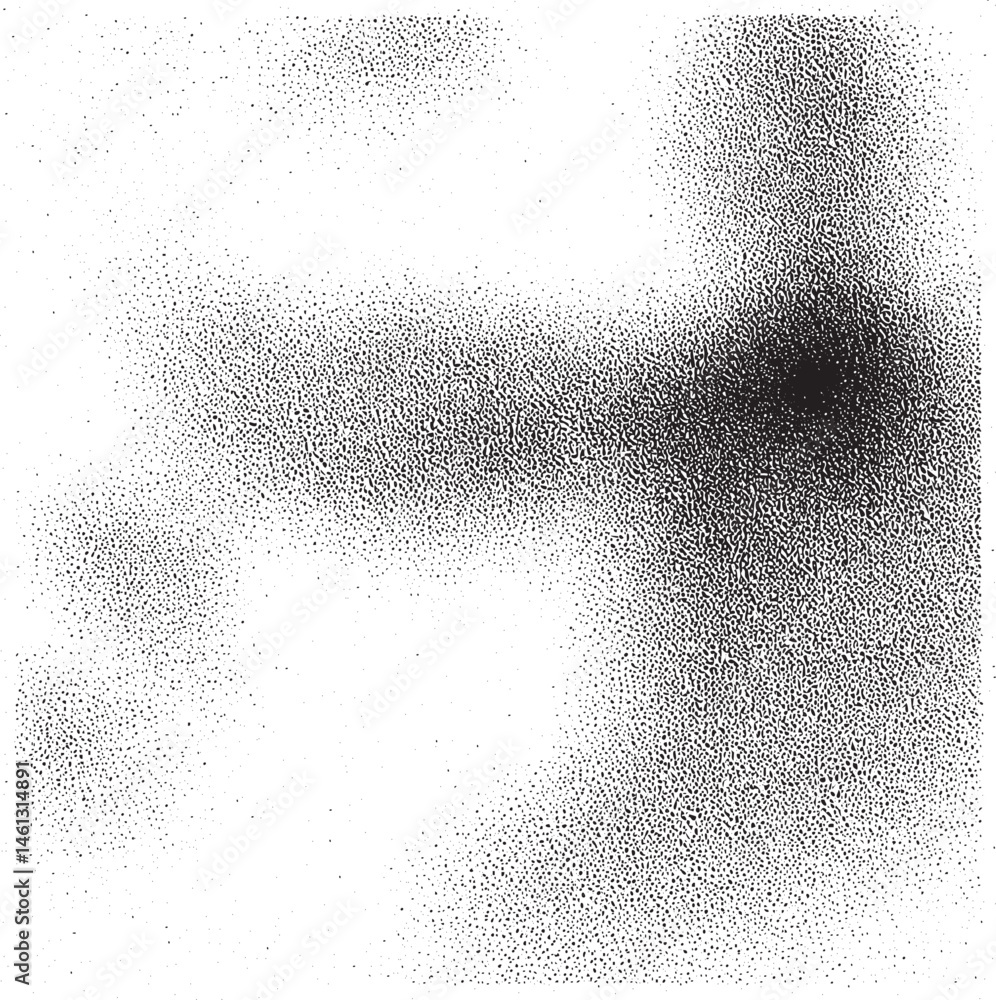 Poster a dense textured black void dominates a white background filled with numerous small dots.