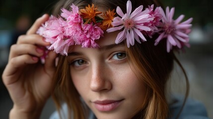 Naklejka premium Close-up of a young woman with red hair wearing a colorful flower crown outdoors