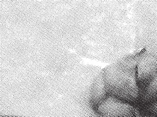 A grayscale portrait of a woman's face emerges from a dense of white dots.