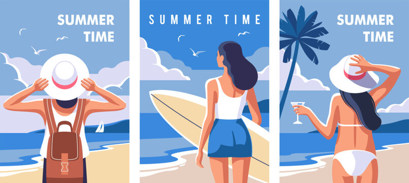 Summer time. Concept of summer party, vacation and travel. Perfect backgrounds on the theme of season vacation, weekend, beach. Vector illustrations in minimalistic style for posters, cover art, flyer