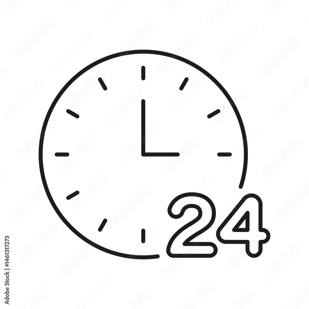 Poster clock with 24-hour symbol line icon. around-the-clock service, time management, and continuous opera