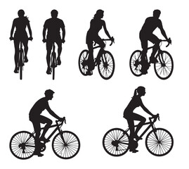Silhouette vector illustration of a couple cycling together, front view of two people riding bicycles as outdoor leisure activity 