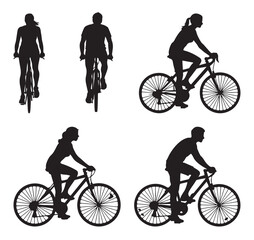 Silhouette vector illustration of a couple cycling together, front view of two people riding bicycles as outdoor leisure activity 