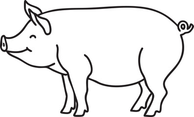 A smiling pig stands in a simple black and white outline.