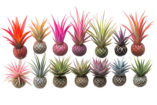 Set of air plants without soil with cutout background, high quality photo of subject focused botanical group for gardening and hobby concepts., cut out