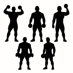 set of vector silhouettes of man doing fitness and sport workout isolated on white background