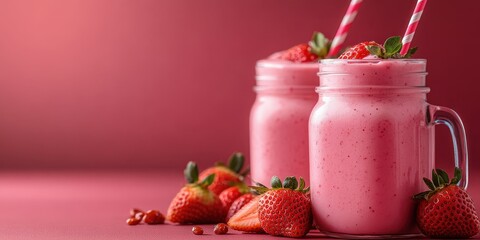 Refreshing strawberry smoothies in mason jars with fresh strawberries displayed on a crimson background