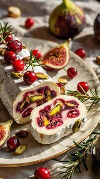 Beautifully arranged festive dessert highlights nougat filled with figs and cranberries, garnished with pistachios.