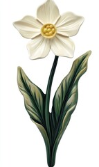 Ornate white flower design with green leaves.  Detailed, artistic representation of a flower