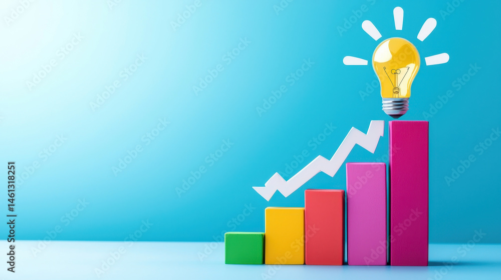 Poster colorful bar graph with light bulb symbolizing ideas and growth, representing innovation and progres