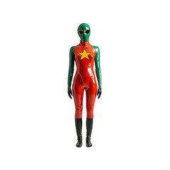 Futuristic Superheroine in Red and Green Catsuit with Star Emblem