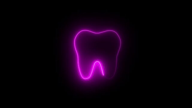 A neon tooth animation on a black background. Animated tooth .National Dentist Day Wisdom teeth extraction Oral care recovery .Dental Insurance Dentistry 4K