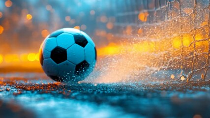 Thrilling soccer in the rain!. A soccer ball splashes through water as it rolls towards the goal during a rainy evening match. - Powered by Adobe