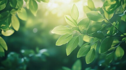 Obraz premium Sunlit Green Leaves with Dew Drops, Lush Foliage Background