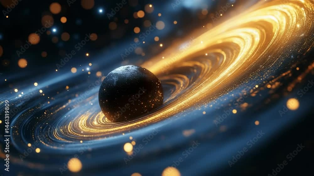 Poster cosmic whirlpool surrounds a dark sphere. a swirling cosmic vortex of energy and light envelops a da