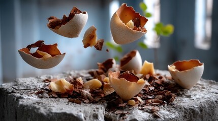 Falling Eggshells Broken into Pieces on a Dusty Surface with Crushed Shell Fragments and Light Background