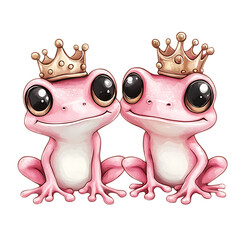 Two Cute Little Baby Pink Queen Frogs with Crowns Isolated on Transparent Background