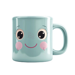 A smiling face is on a blue coffee mug. Isolated on transparent background