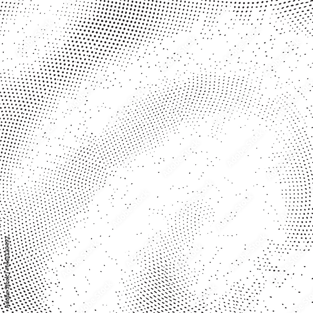 Poster a dense of overlapping black and white dots creates a textured surface.