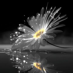 Stylized grayscale daisy with luminous gold center and translucent petals reflected on dark surface