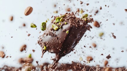 Fototapeta premium Dubai Chocolate Kunafa Pistachio on white background,Dubai Chocolate bar with green kadayif and pistachio spread,popular and viral chocolate 2024,space for text.