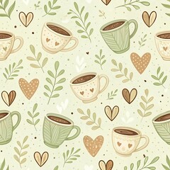 Seamless vector pattern with coffee cups and beans for a cafe drink design