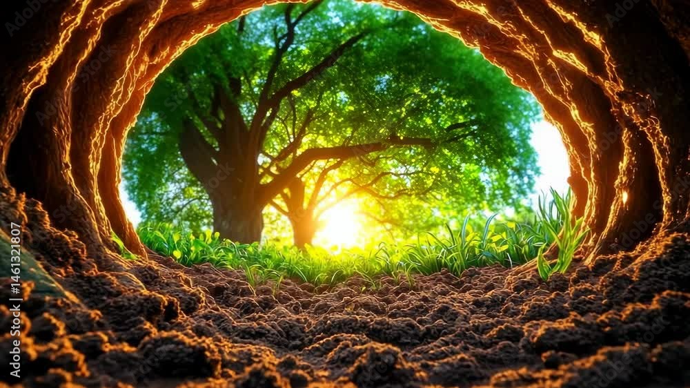 Poster view from a burrow in a forest at sunset. sunlight filters through tree branches, illuminating a lus