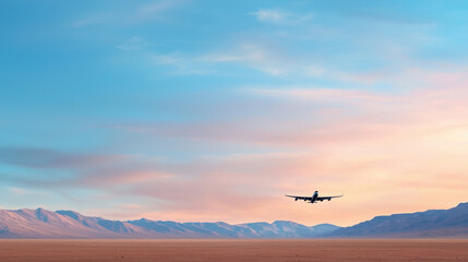 Naklejka premium Serene landscape featuring minimalist airplane flying over vast desert with mountains in background, showcasing beautiful sunset