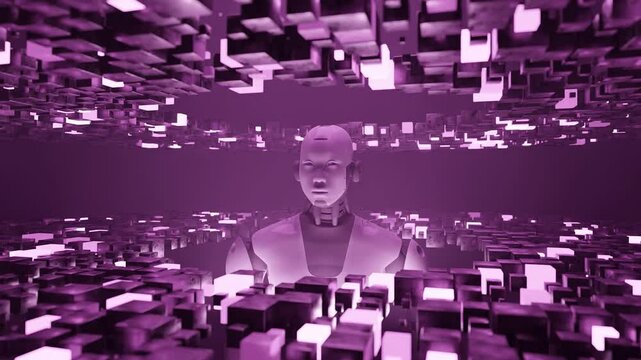 Humanoid robot standing inside a tunnel of glowing pink cubic structures. Monochrome 3D digital illustration. Artificial intelligence and technology concept, banner, wallpaper