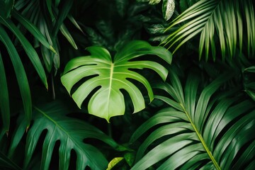 Lush tropical foliage. Vivid green leaves intermingling in a dense jungle-like setting