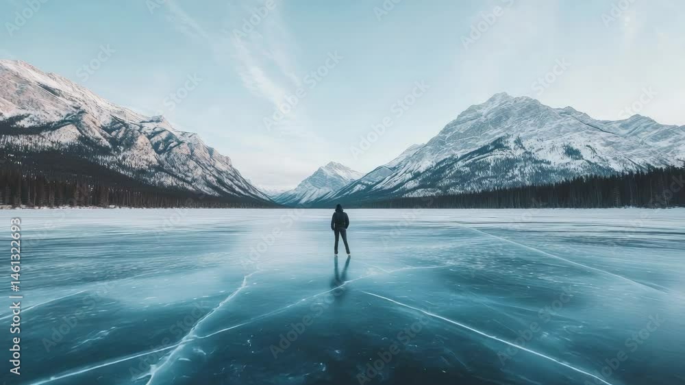 Poster hiker standing in the middle of a frozen lake admiring the surrounding snowy mountain range and fore