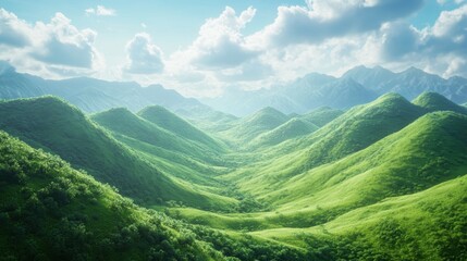 Fototapeta premium illustration of Summer fields landscape with a dawn,Rainbow, green grass hills, bright color blue sky, country background,banner resting vacation.