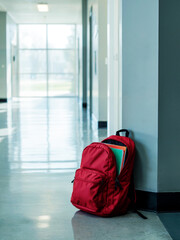 School Hallway Red Backpack Leaning Against Wall