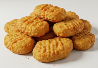 Pile of golden brown crispy chicken nuggets on a white surface in a studio shot