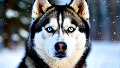 Obraz premium Beautiful siberian husky dog with intense blue eyes looking forward during a snowfall in a winter wonderland, creating a captivating and heartwarming scene