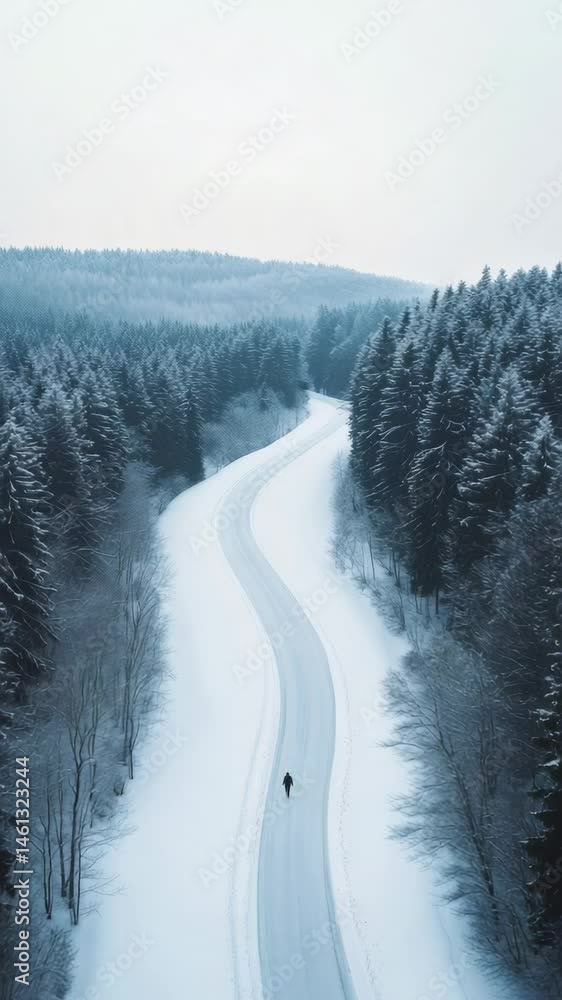 Poster aerial view of a winding road covered in snow, leading through a serene winter forest with a lone hi
